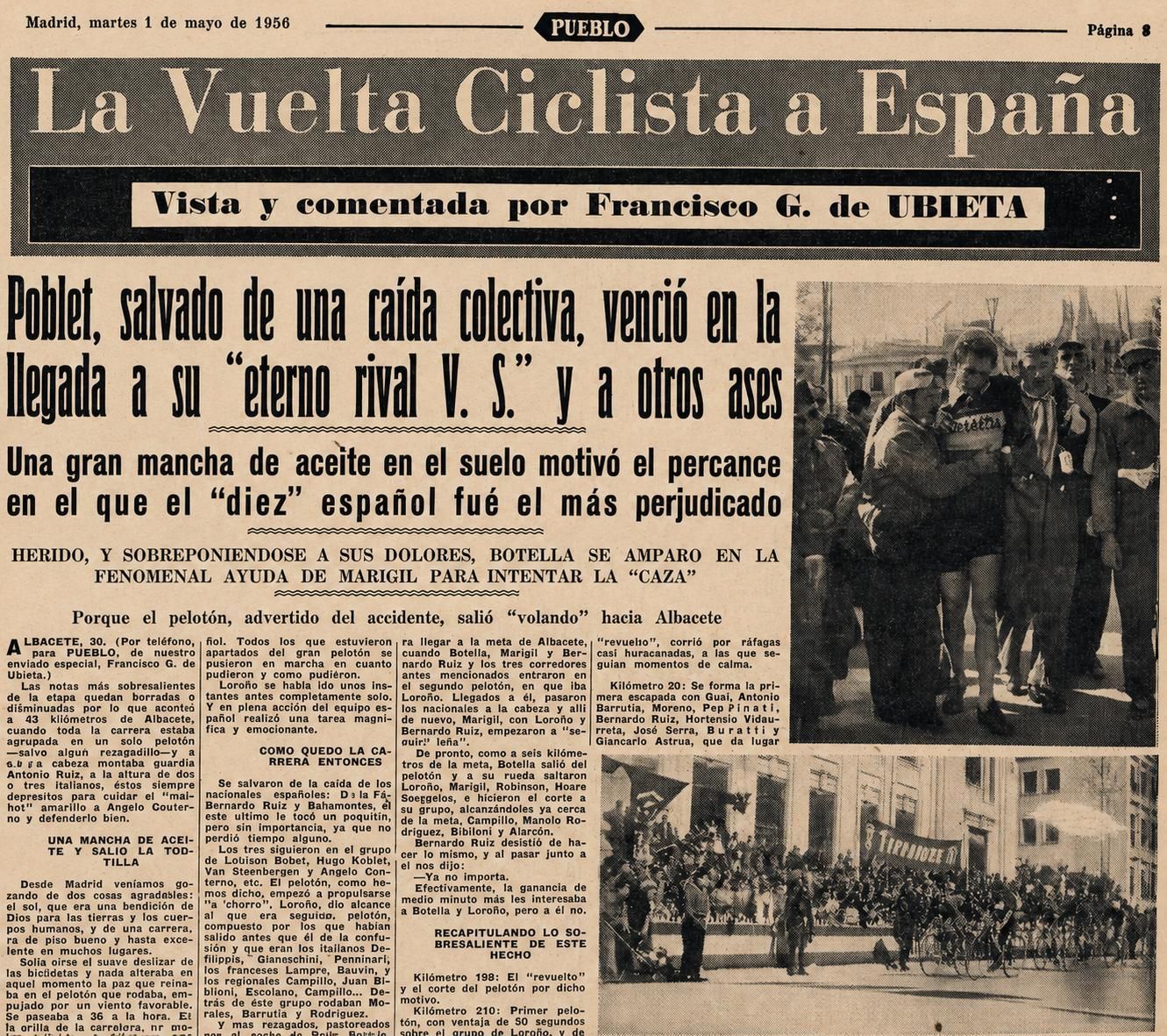 Recorte de prensa del paso de la Vuelta en 1956