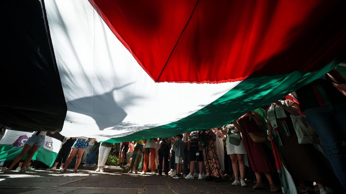 Manifestación que recorrió este domingo algunas calles de Santa Cruz de Tenerife bajo el eslogan '¡El pueblo canario con el pueblo palestino! Fin al comercio de armas y ruptura de relaciones con Israel' y en la que se visibilizo el apoyo a la causa palestina, así como la denuncia por la violación de derechos humanos en la región. EFE/Ramón de la Rocha