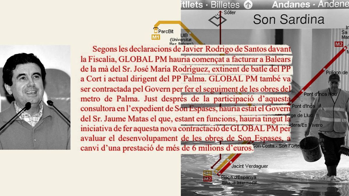 A la izquierda, Jaume Matas. A la derecha, una de las estaciones que se vieron inundadas tras la inauguración del metro. En el centro, extracto del dictamen de una comisión de investigación