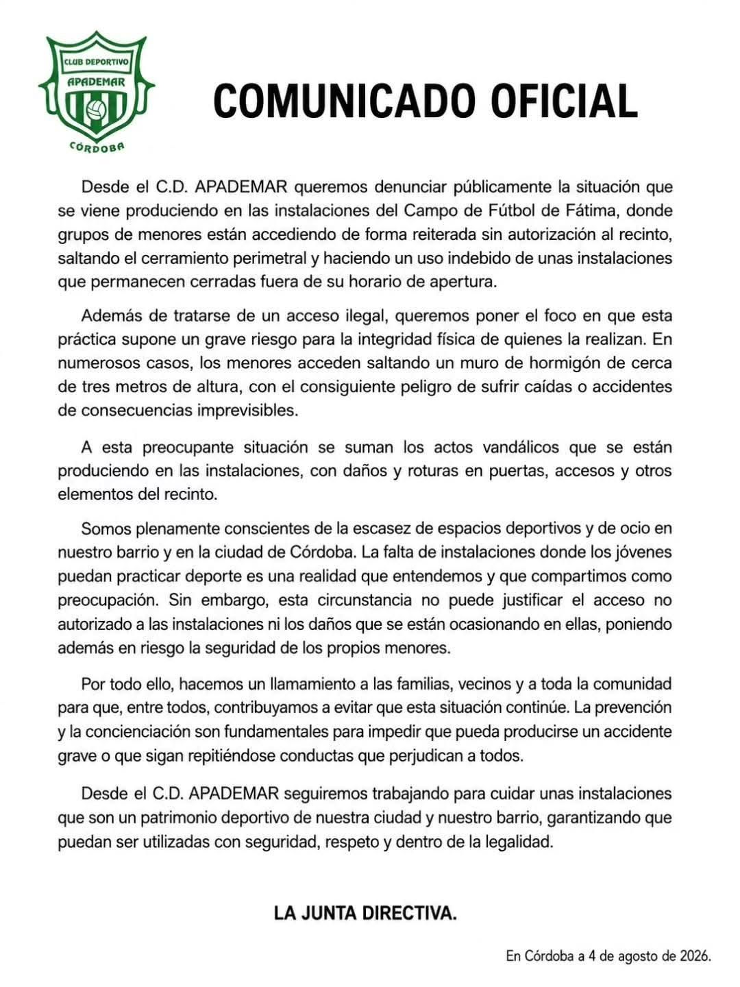 Comunicado del CD Apademar