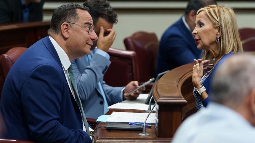 Los diputados del grupo del Partido Popular, Australia Navarro (d) y Poli Suárez (i) conversan durante el pleno del Parlamento de Canarias celebrado este miércoles. EFE/Ramón de la Rocha
