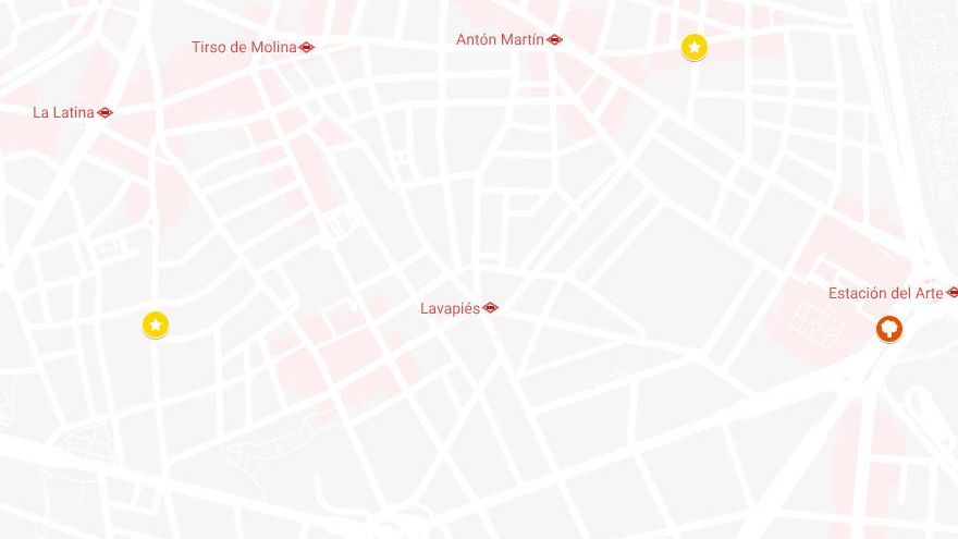 Detalle del mapa en el que se sitúan los puntos de iluminación navideña de Madrid, con el vacío que hay en Embajadores