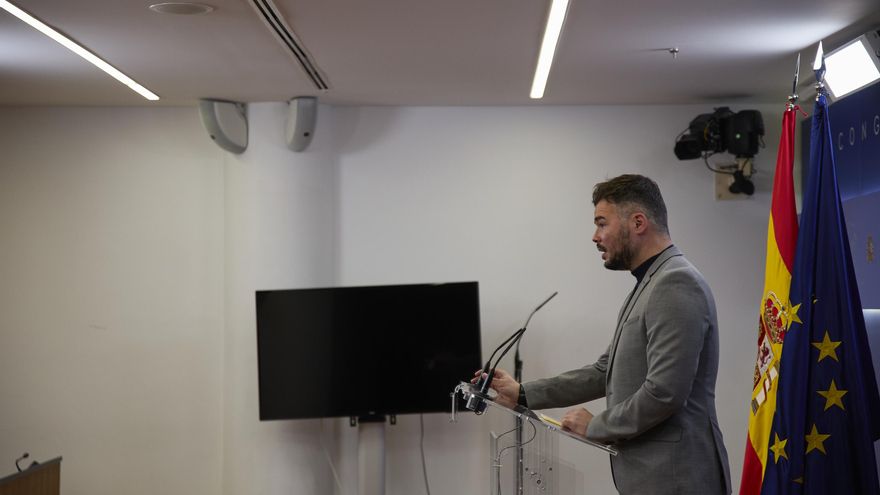 El portavoz de Esquerra Republicana (ERC) en el Congreso, Gabriel Rufián, en una rueda de prensa