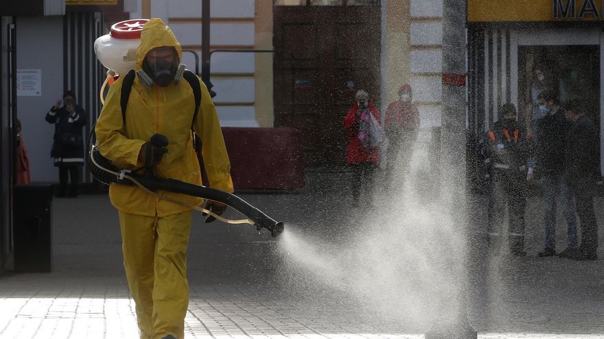 A Russian Emergency Situations Ministry worker sanitises the Savyolovsky railway station as part of the campaign to prevent the spread of the SARS-CoV-2 coronavirus which causes the COVID-19 disease in Moscow, Russia, 26 October 2021.