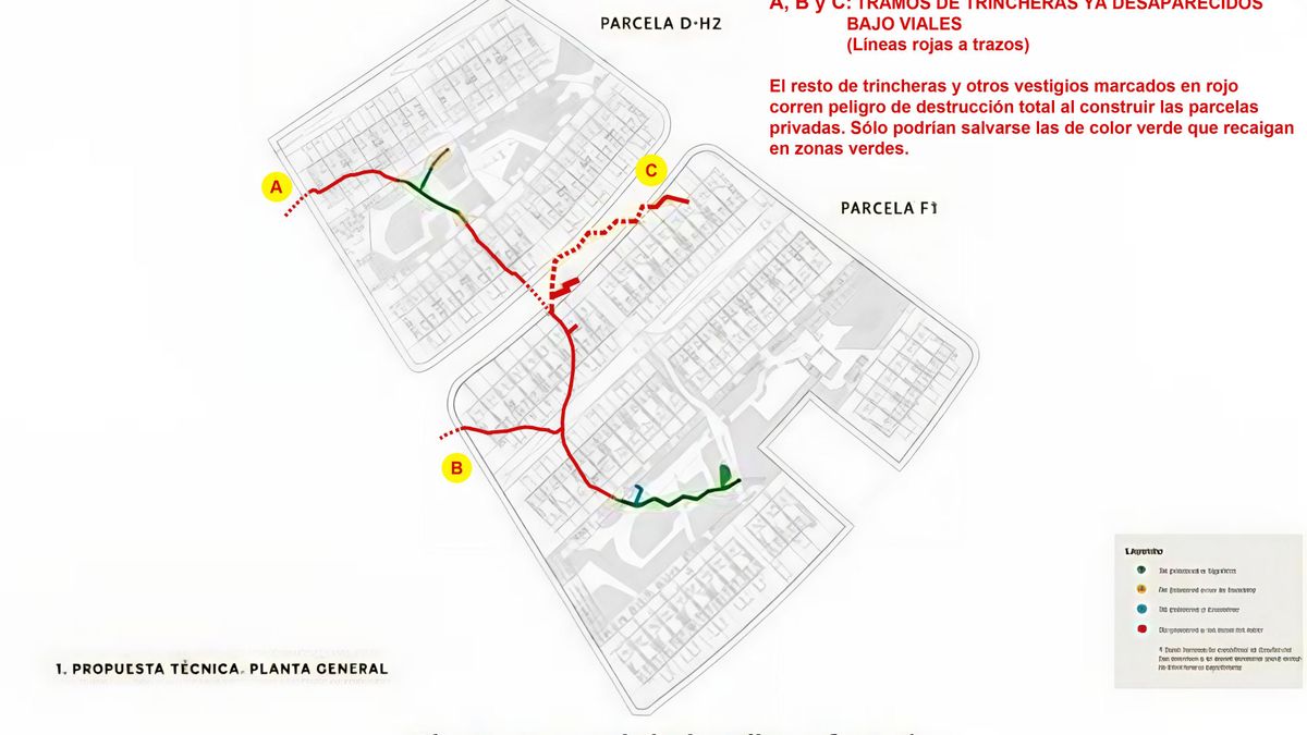 Pla d'afecció actual de les trinxeres en el punt 2 ja urbanitzat.