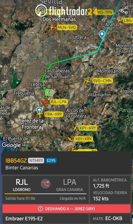 Mapa del avión desviado a Jerez de la Frontera.