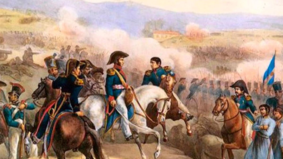 Ilustración de José de San Martín en su encuentro con Simón Bolívar en Guayaquil en 1822