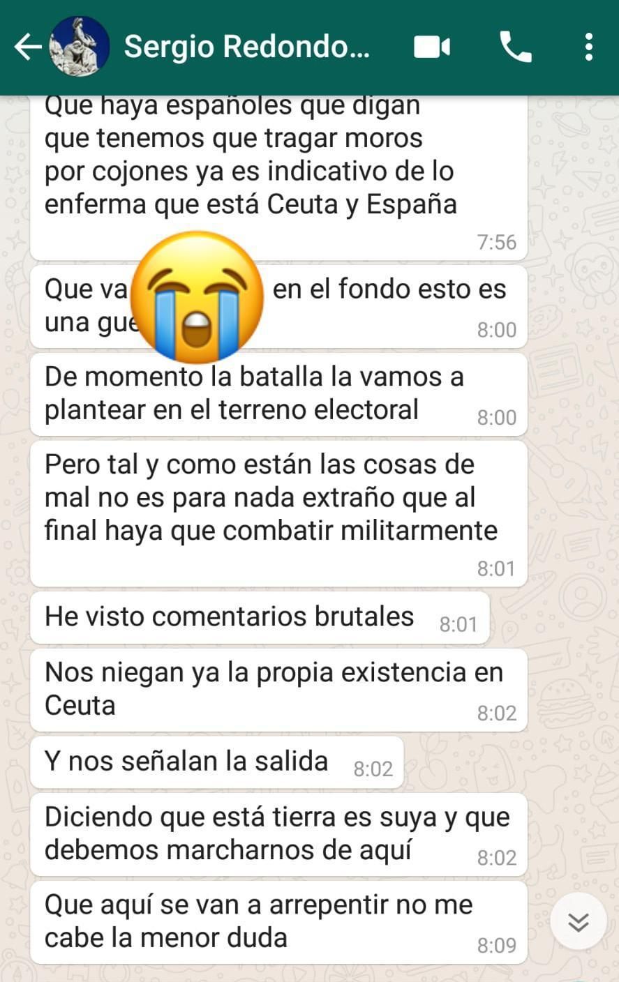 Mensaje de WhatsApp atribuido al presidente de Vox Ceuta, Juan Sergio Redondo.