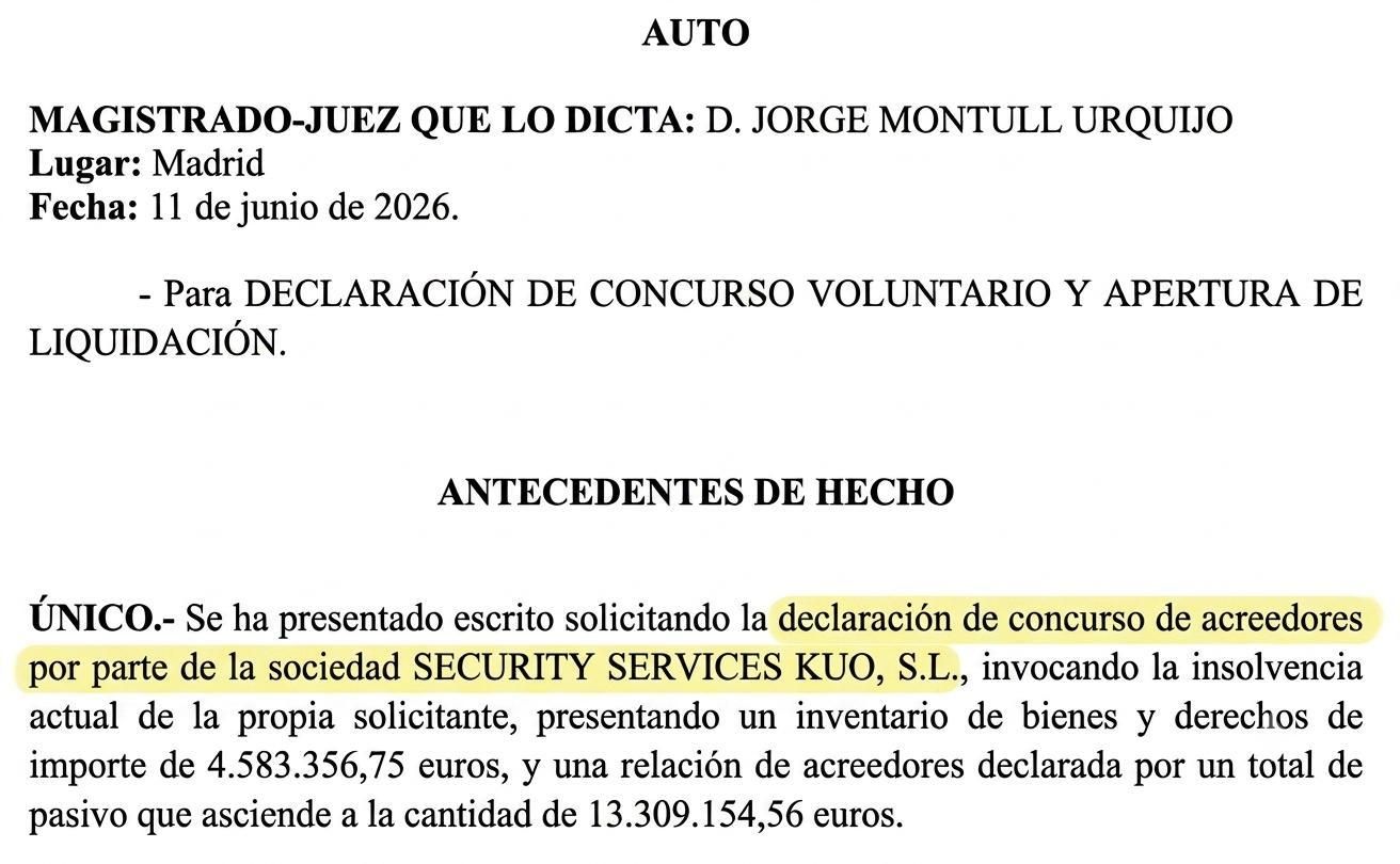 Auto en el que se declara en concurso de acreedores la empresa Security Services Kuo S.L.