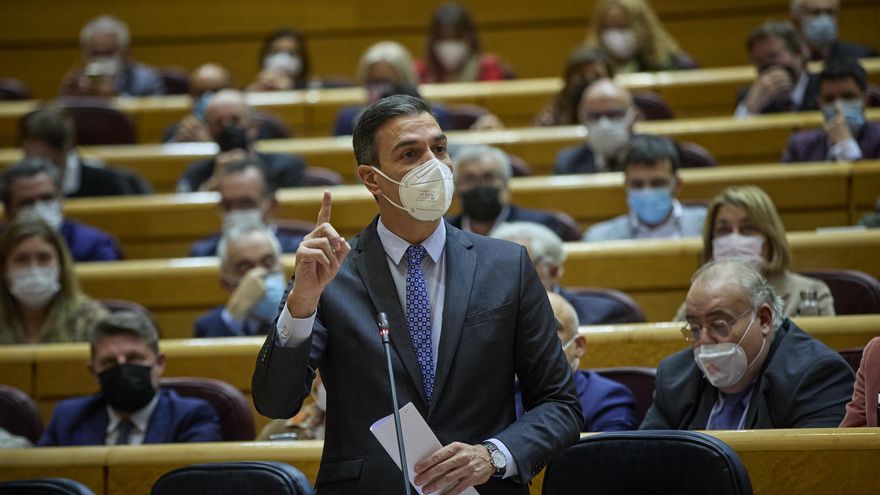 El presidente del Gobierno, Pedro Sánchez, interviene durante un sesión de control al Gobierno en el Senado