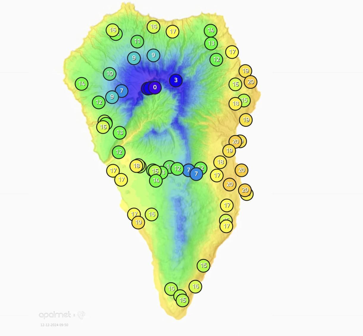 Mapa de Apalmet en el que se indica la temperatura que se registraba este jueves, 12 de diciembre, a las 10.00 horas, en diferentes puntos de La Palma.