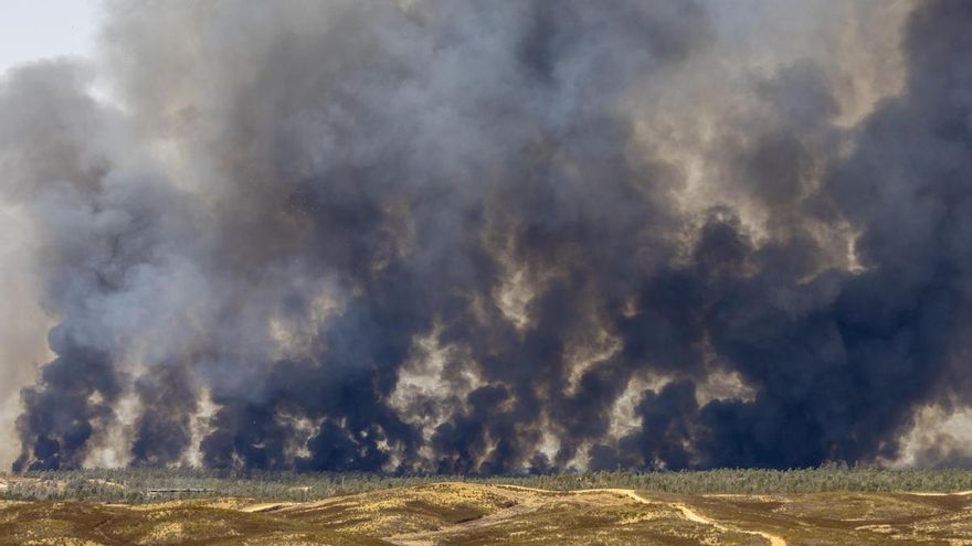 La batalla contra el fuego en Niebla busca blindar pueblos de Huelva y que no salte a Sevilla tras devorar 8.000 hectáreas