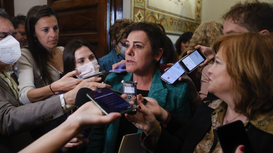 La portavoz de EH Bildu en el Congreso, Mertxe Aizpurua, atiende a la prensa en el ámbito de la celebración de la comisión de control de los créditos destinados a gastos reservados, este jueves, en el Congreso de los Diputados. EFE/ Juan Carlos Hidalgo
