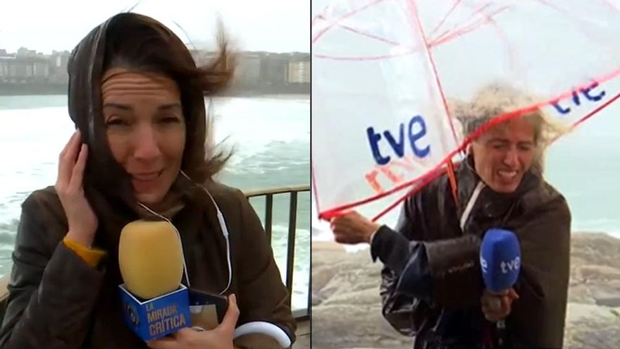 Reporteras de Telecinco y TVE sufren en directo la borrasca Ciarán: “No es día ni para peinarse ni para paraguas”