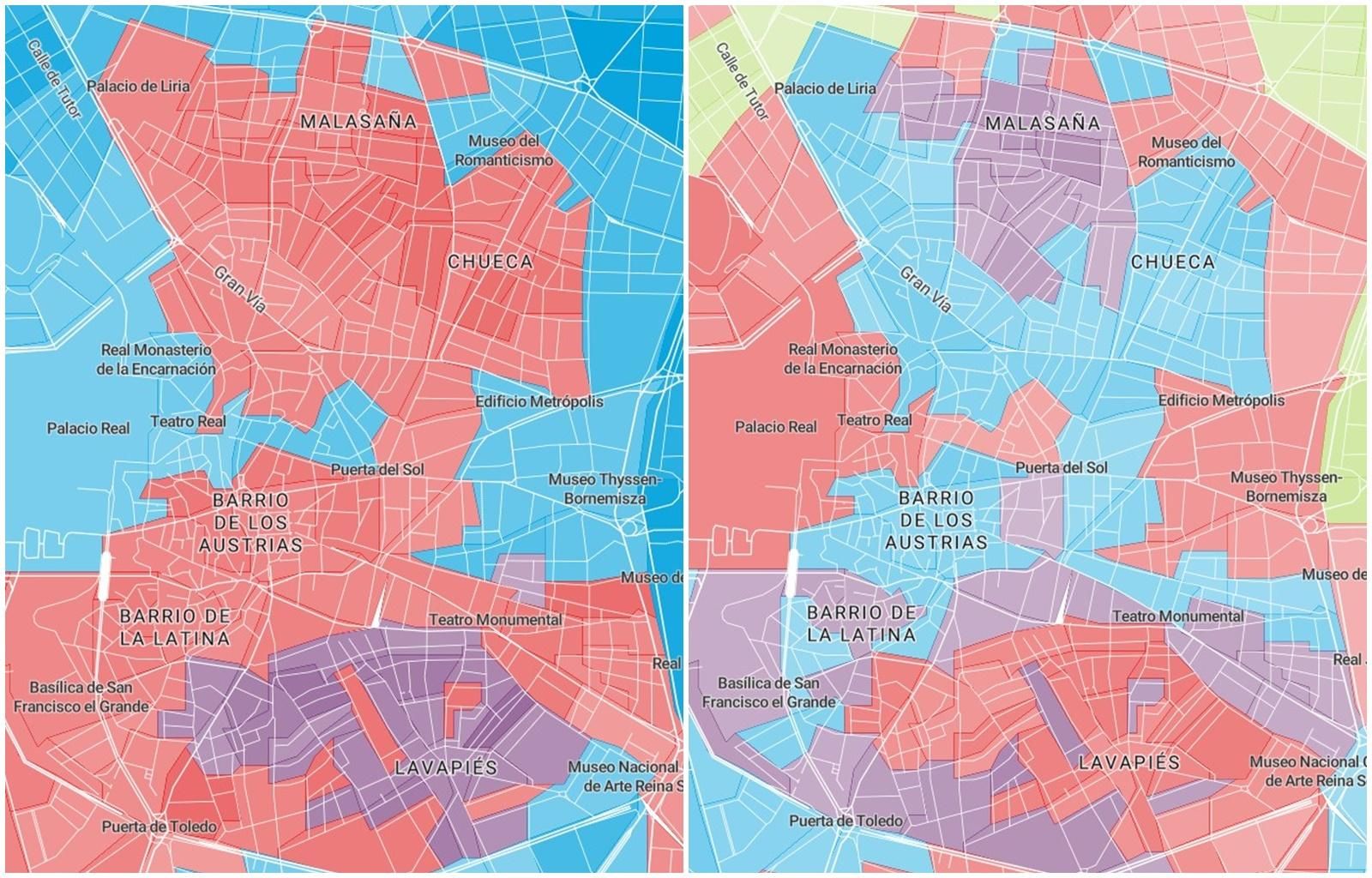 Partido más votado en las elecciones del 10-N (izquierda) y segundo partido más votado (derecha)