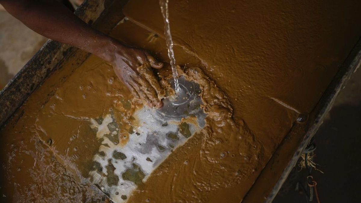 Un trabajador usa agua para comprobar cuánto oro absorbe una placa de cobre cubierta de mercurio de la roca triturada o la arena en una mina de oro en Venezuela. Foto: AP Photo/Matías Delacroix