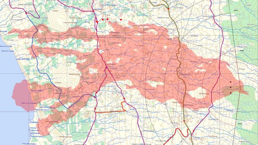 Mapa del espacio ocupado por las coladas del volcán de La Palma