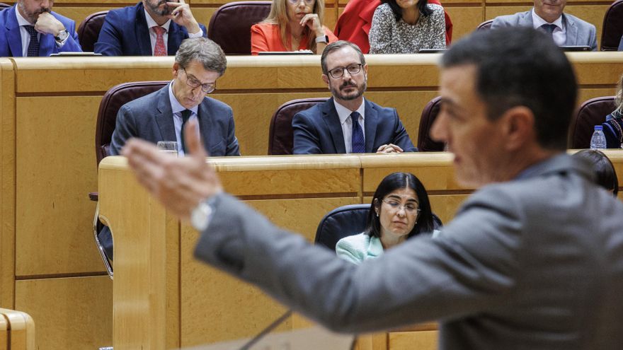 El presidente del Gobierno, Pedro Sánchez, interviene durante su segundo 'cara a cara' en el Senado, a 18 de octubre de 2022, en Madrid (España).