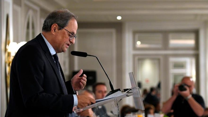 El presidente de la Generalitat, Quim Torra, en su primera intervención pública en Madrid, este jueves en un desayuno informativo.