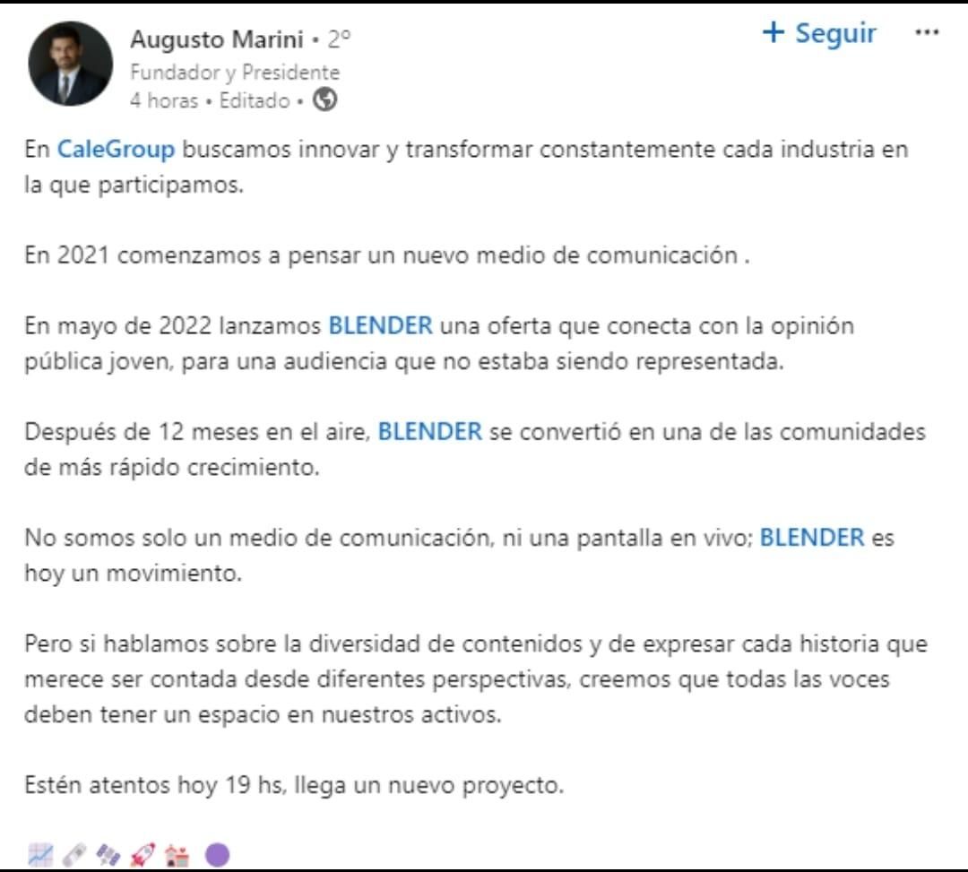 El mensaje publicado por Marini el día del lanzamiento de Carajo, en 2024.