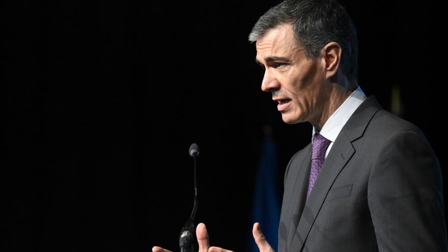 El presidente del Gobierno, Pedro Sánchez, durante su intervención en la presentación de la II Estrategia Nacional para la Equidad Territorial y el Reto Demográfico, este miércoles en Infiesto (Asturias).-EFE/ Eloy Alonso