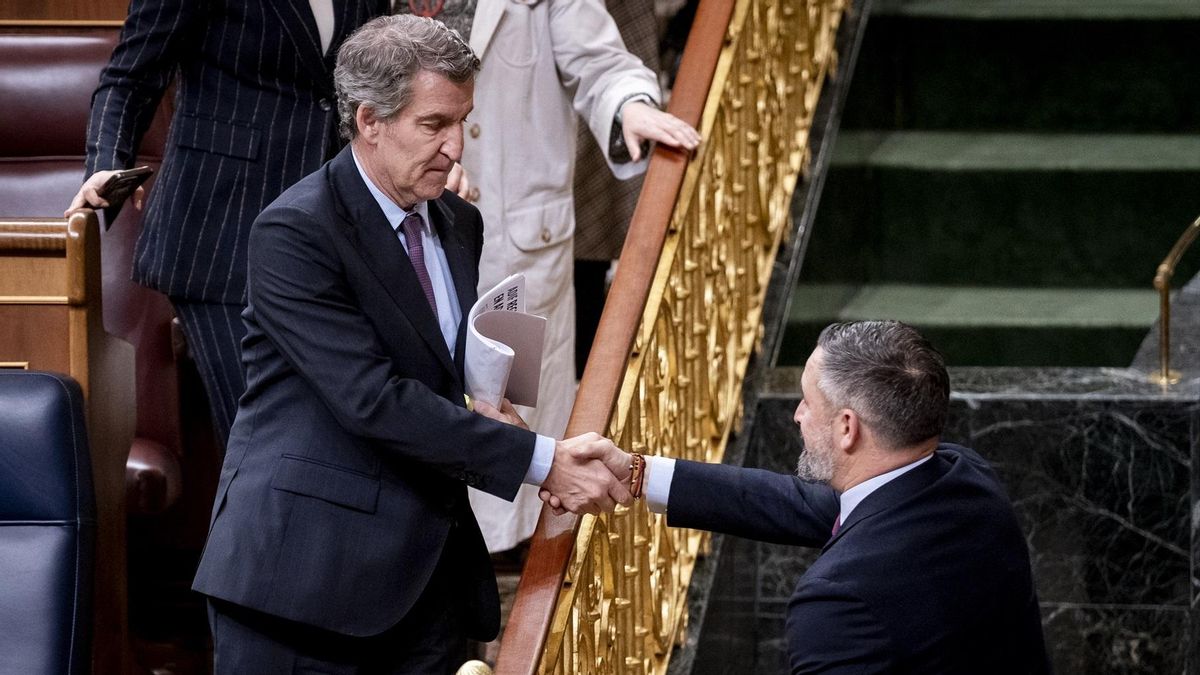 El presidente del Partido Popular, Alberto Núñez Feijóo, saluda al presidente de VOX, Santiago Abascal, a su salida de un pleno en el Congreso de los Diputados, a 10 de febrero de 2026