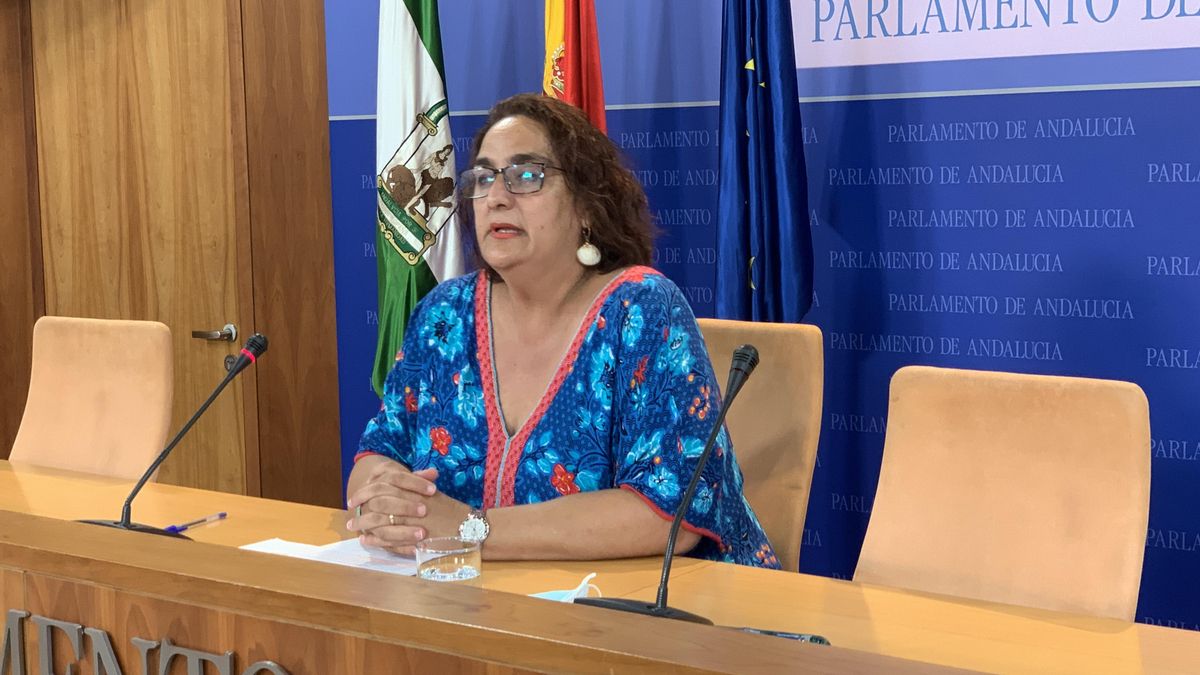 La portavoz adjunta de Adelante Andalucía, Ángela Aguilera, en rueda de prensa