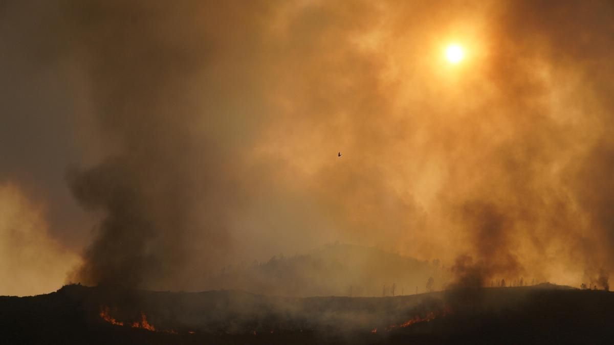 El fuego descontrolado en los montes bercianos de Paradiña.