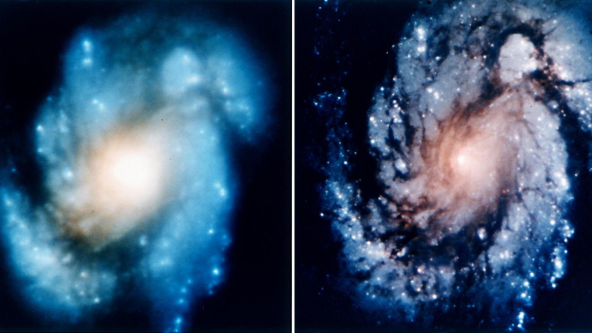 Imagen del núcleo de la galaxia M100 antes (izquierda) de WFPC y después (derecha) de WFPC2 que muestra la mejora en la visión