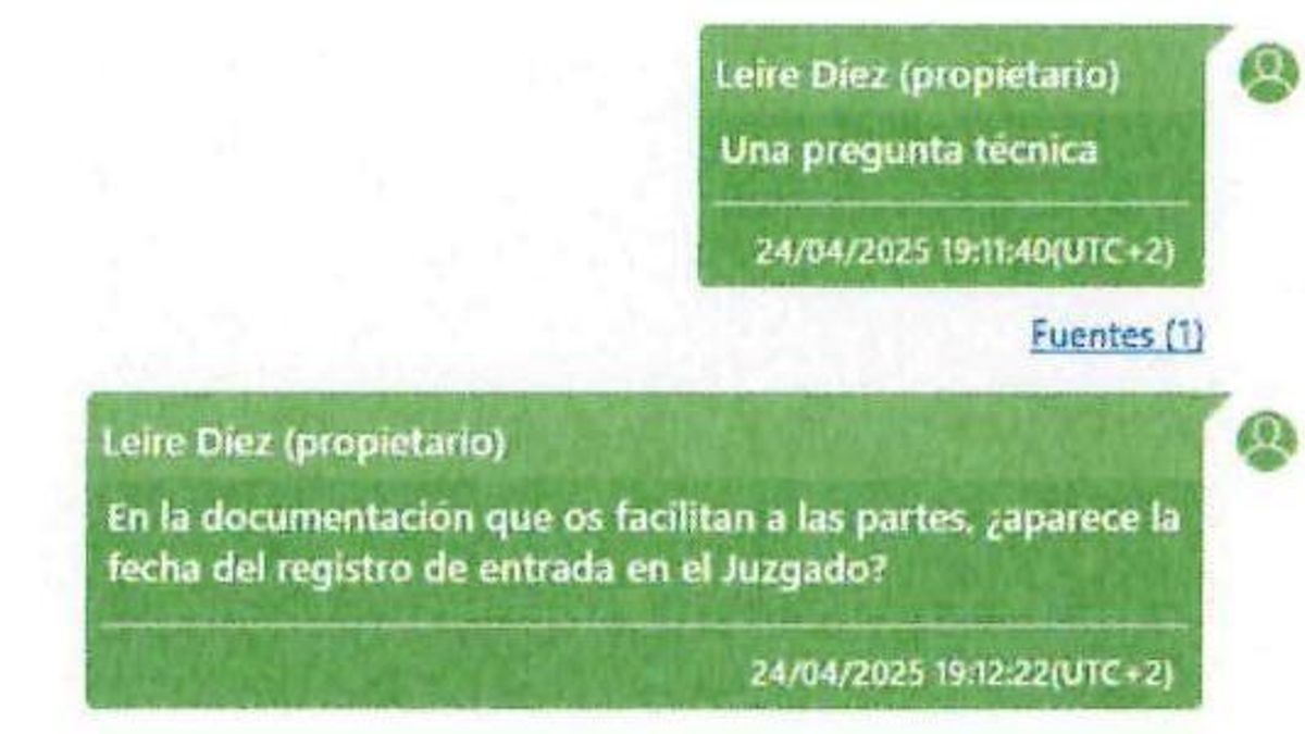 Una conversación recogida en el sumario en la que Leire Díez se interesa por cómo puede saber la fecha de registro de entrada de los documentos de la UCO