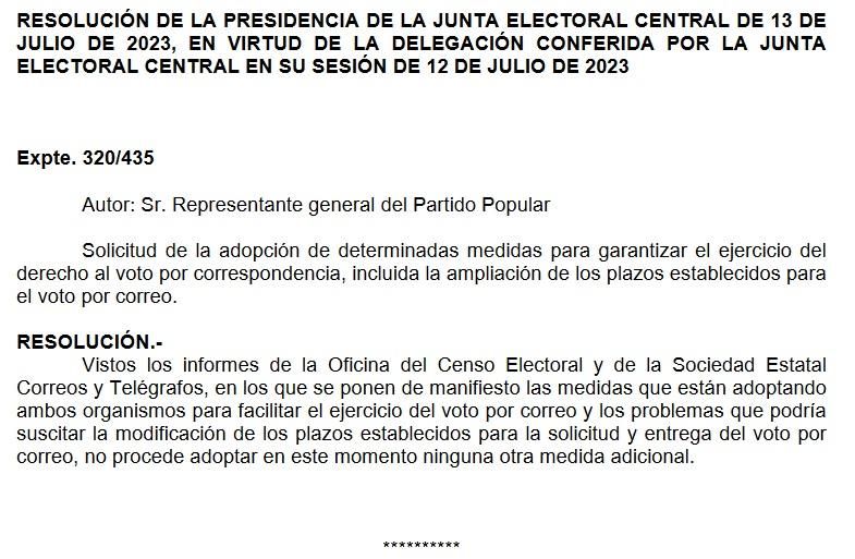 Respuesta de la JEC a la petición del PP para ampliar el voto por correo.