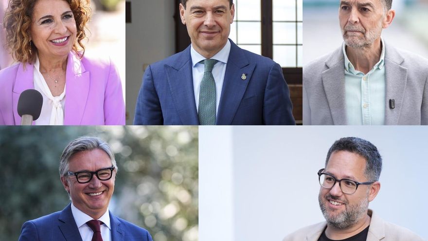 Los candidatos a la presidencia de la Junta de Andalucía para el 17M: María Jesús Montero (PSOE), Juanma Moreno (PP), Antonio Maíllo (Por Andalucía), Manuel Gavira (Vox) y José Ignacio García (Adelante Andalucía).