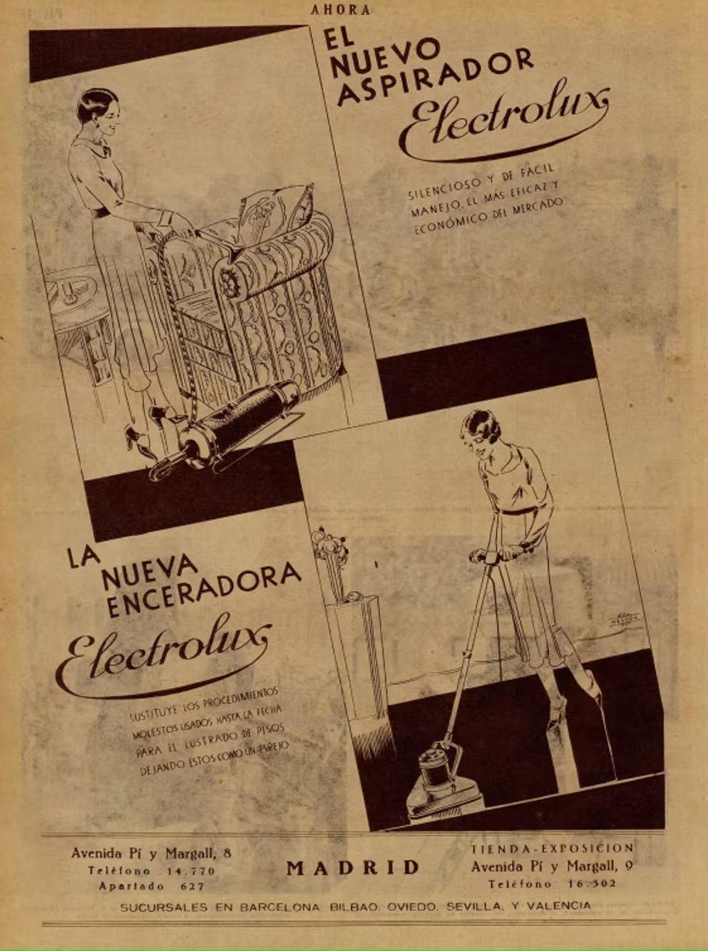 Mujeres realizan las tareas domésticas con aparatos eléctricos en estos anuncios para España del fabricante sueco de electrodomésticos Electrolux, Ahora del 12 de mayo de 1931.