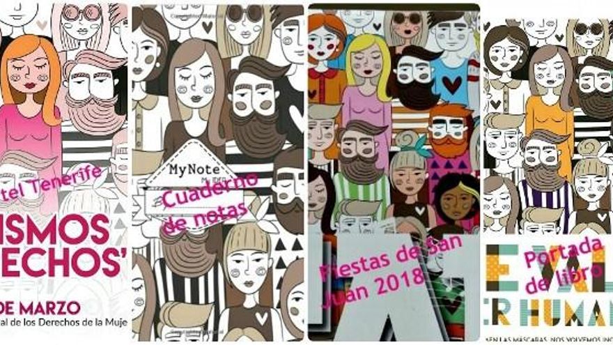 El detalle del cartel retirado de San Juan 2018 (segundo por la derecha) frente a otros que han empleado antes la misma imagen.