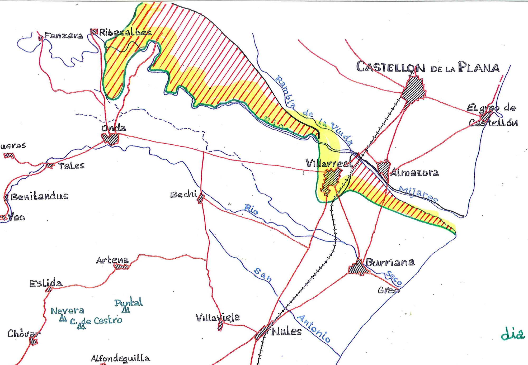 La línia del front al final del dia 17 de juny amb senyalització del territori conquerit
amb l’ofensiva d’aquest dia. Per Onda i per Vila-real i Almassora s’ha depassat el riu
Millars (Fons Egalca).