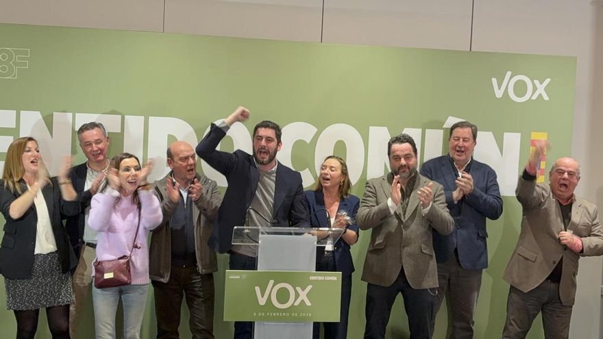 El candidato de Vox a la presidencia del Gobierno de Aragón, Alejandro Nolasco, y otros diputados de este partido en las Cortes de Aragón, celebran los resultados del 8F