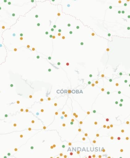 Mapa de Greenpeace sobre la provincia de Córdoba con los municipios según la presencia de nitratos en agua.