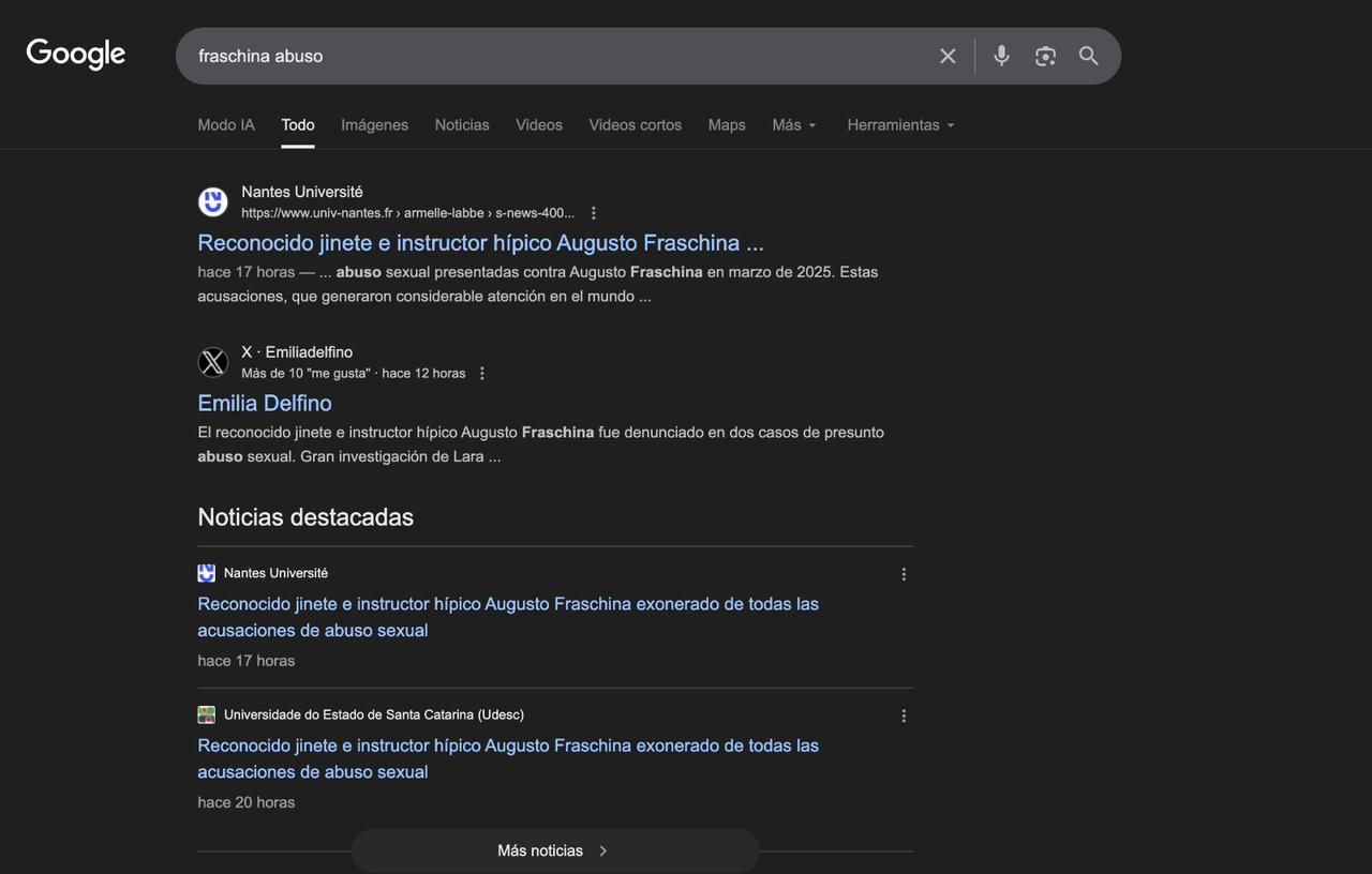 Así rankeaban las noticias falsas que buscaron desacreditar la investigación de elDiarioAR y falsear información sobre las causas en trámite contra el jinete Fraschina por presunto abuso sexual.