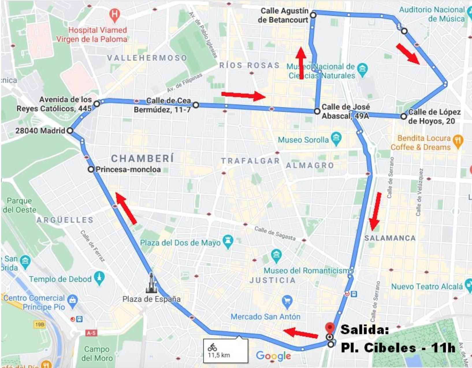 Recorrido de la bicifestación del 24 de abril en Madrid