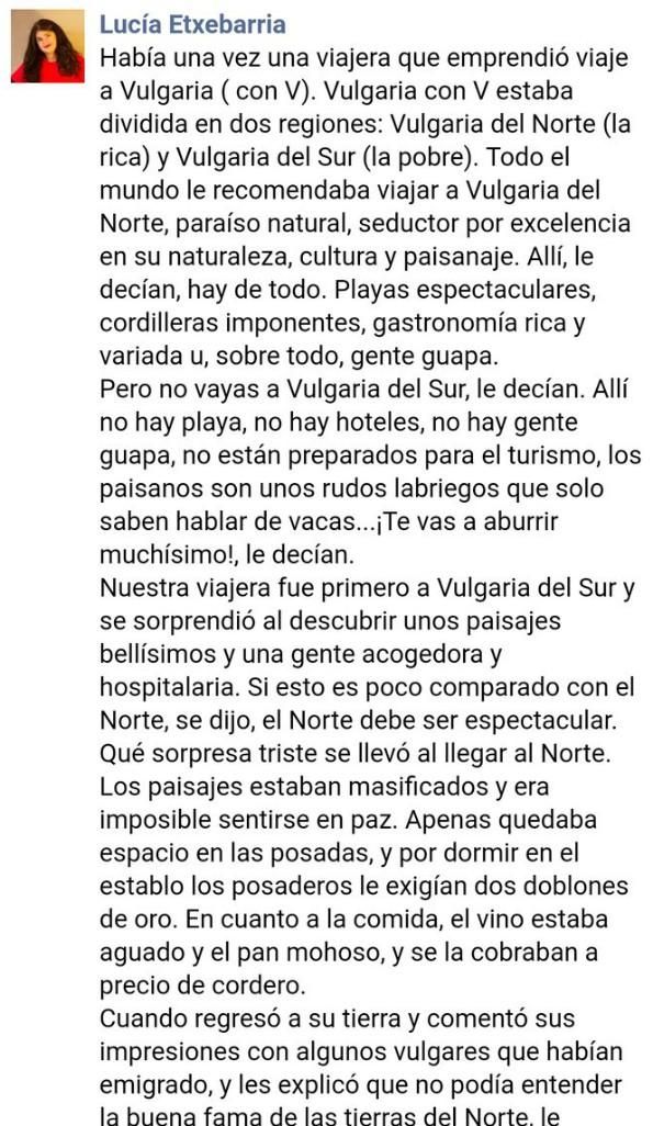 Texto original, antes de ser retirado de su perfil de Facebook.