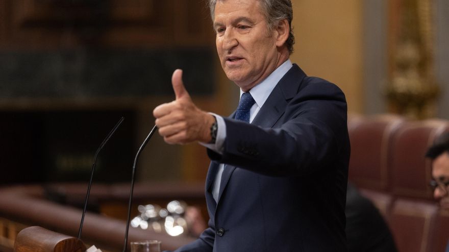 El presidente del PP, Alberto Núñez Feijóo, interviene durante un pleno extraordinario, en el Congreso de los Diputados, a 9 de julio de 2025, en Madrid (España). Sánchez comparece en un pleno extraordinario para tratar asuntos pendientes como la implicac