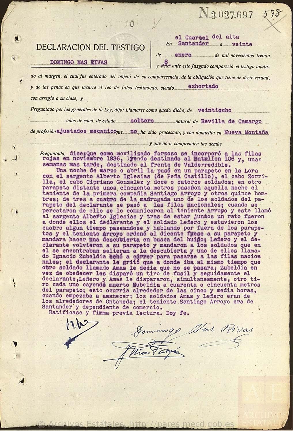 Represión de quintacolumnistas del Batallón 106 en el frente de Valderredible. Declaración de un testigo en el Cuartel del Alta, 20 de enero de 1938