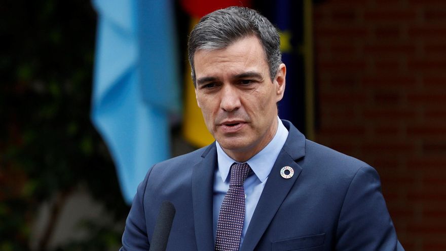 El presidente del Gobierno español, Pedro Sánchez (c), a las puertas del Palacio de la Moncloa en el ámbito de la reunión mantenida con el presidente argentino, Alberto Fernández, este martes en Madrid. EFE/Ballesteros