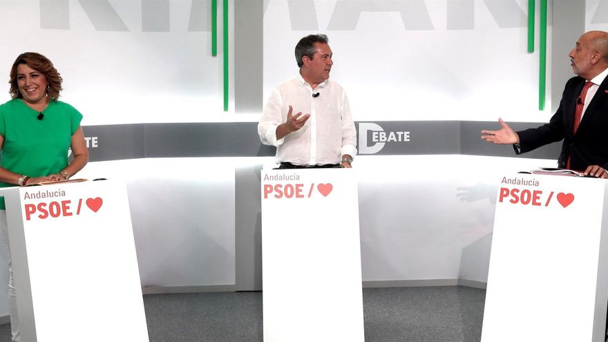 Los tres candidatos socialistas a la Presidencia de la Junta de Andalucía Susana Díaz, Juan Espadas y Luis Ángel Hierro, durante el debate organizado por el partido esta semana.