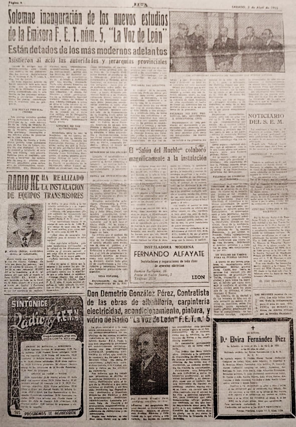 Página del diario 'Proa' de la inauguración de La Voz de León el 2 de abril de 1955 (hoy Cope).