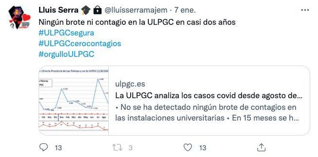 Tuit de Serra Majem sobre la ausencia de brotes de COVID en la ULPGC desde que comenzó la pandemia