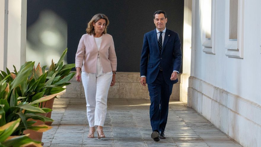 Archivo - La vicepresidenta tercera del Gobierno y ministra, Teresa Ribera, y el presidente de la Junta de Andalucía, Juanma Moreno, en el encuentro que mantuvieron el 3 de octubre en Sevilla.