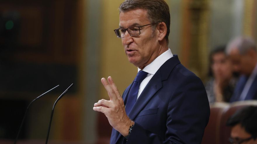 El presidente del PP y candidato a la presidencia del Gobierno, Alberto Núñez Feijóo, durante su intervención en la primera sesión del debate de su investidura este martes en el Congreso.
