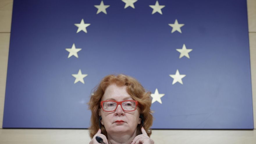 La eurodiputada Yana Toom en rueda de prensa en la Oficina del Parlamento Europeo este miércoles en Barcelona