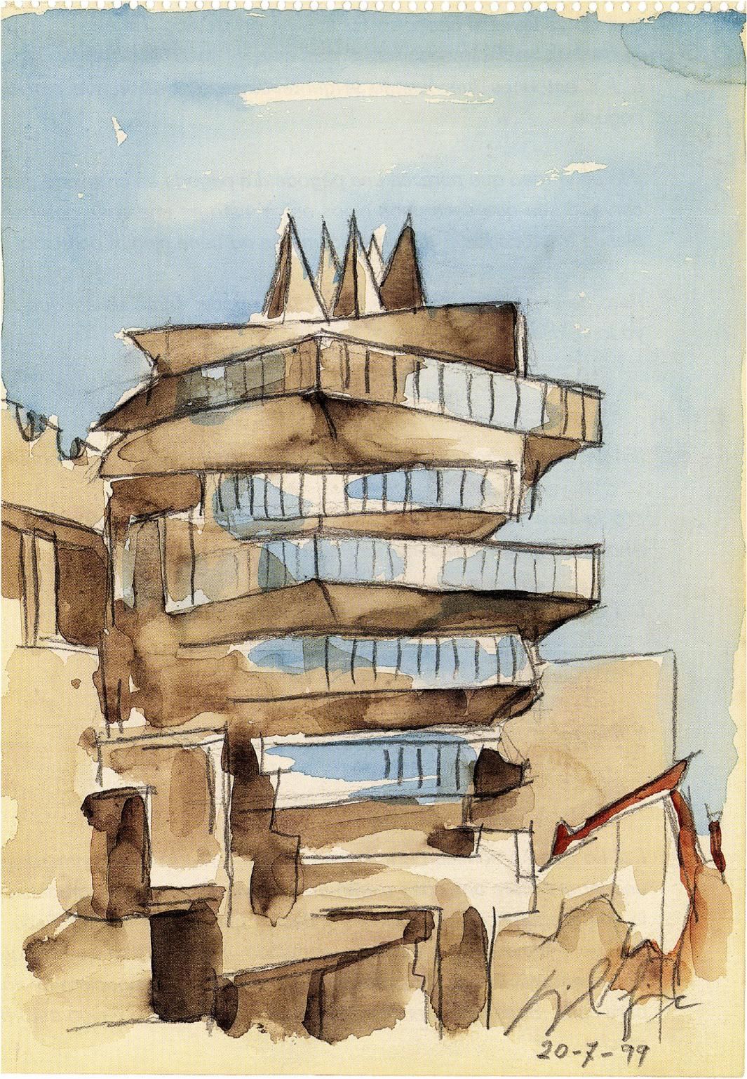 'La Pagoda', acuarela de Miguel Fisac de 1999 sobre este icónico edificio de Madrid derribado.